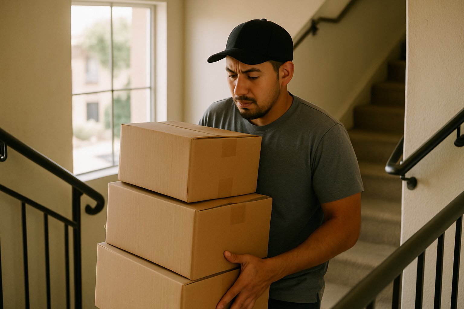 Mudancero bajando cajas por las escaleras de un apartamento