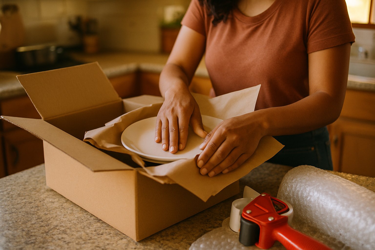 Empaque profesional de trastes en caja de cartón